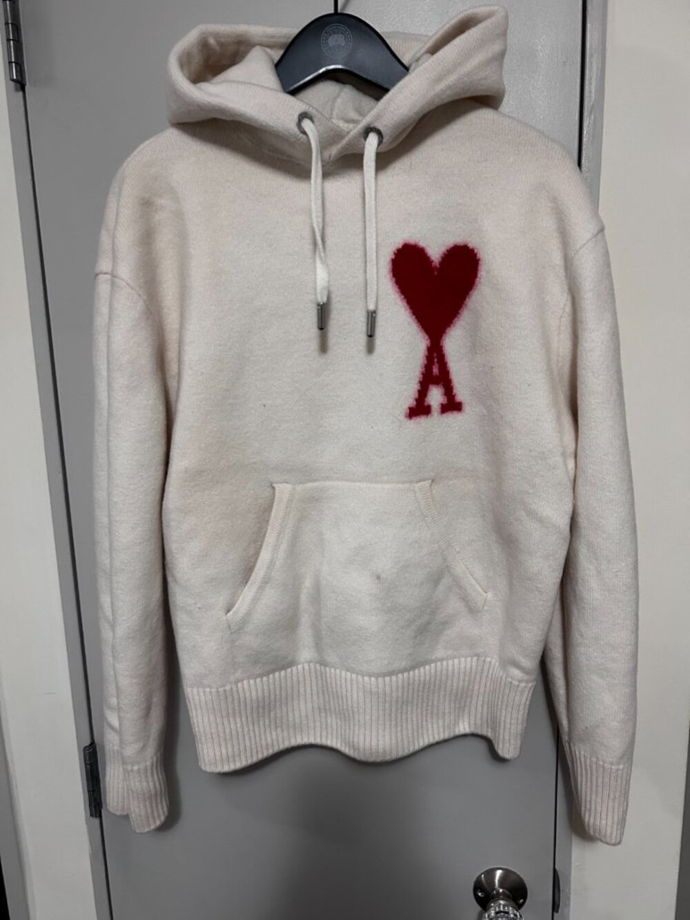 AMI Paris Cream Wool Ami de Coeur Hoodie Red Heart Logo Men's Italy